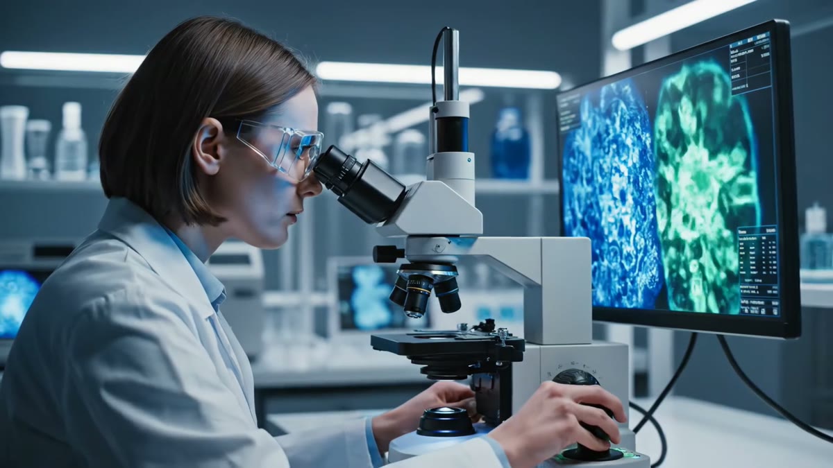 An InterX scientist examining a preparation under the microscope